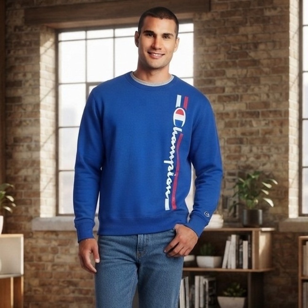 Champion Blue Large Lateral Hit Spell Out Round Crewneck Sweatshirt Size XL